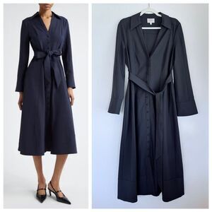 NWOT Cinq a Sept Kyla Long Sleeve Belted Midi Button Down Shirt Dress in Navy 10
